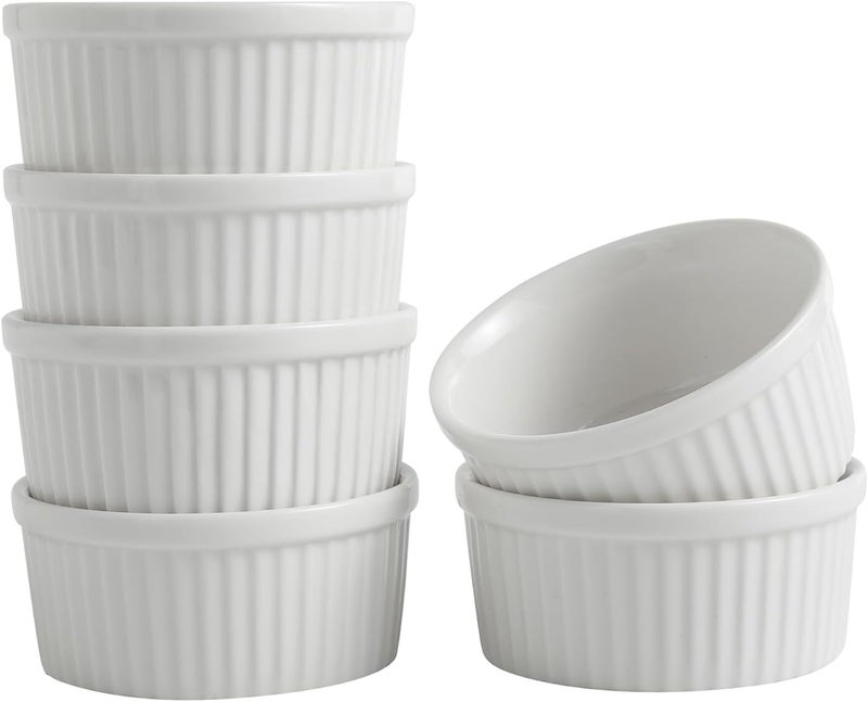 Feenmai Ramekins 6 oz Creme Brulee Ramekins Oven Safe Bowls Set of 6 Small Ceramic Baking Bowls Porcelain Pudding Custard Souffle Bowls Dipping Sauce Bowls White Kitchen Remekins for Baking - Image 1